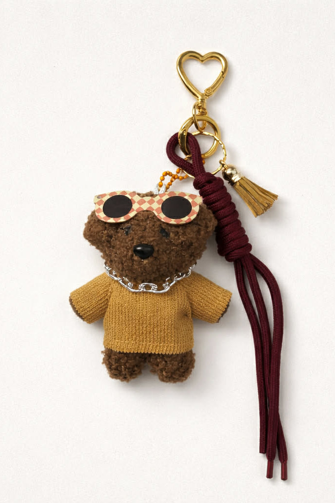 Bag Charm / Μπρελόκ Αρκουδάκι με Γυαλιά & Μπορντό Κορδόνι