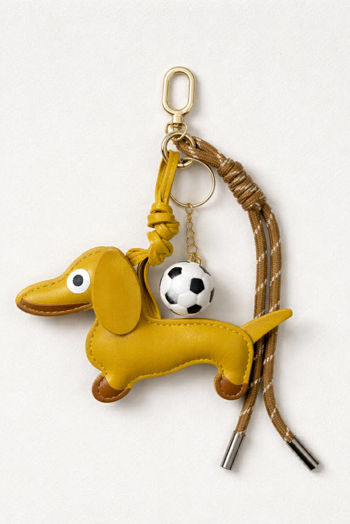Bag Charm / Μπρελόκ Σκυλάκι Κίτρινο με Μπάλα Ποδοσφαίρου & Καφέ Κορδόνι