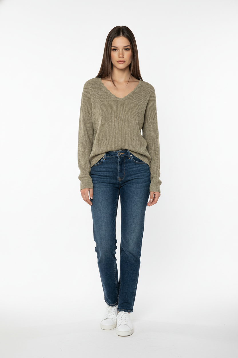 Πλεκτή Μπλούζα V-Neck με Μεταλλικές Λεπτομέρειες