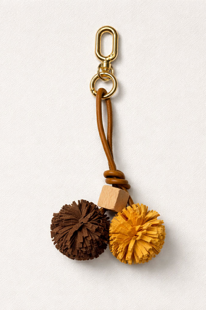 Bag Charm / Μπρελόκ Φούντες Δερματίνη Καφέ & Κίτρινο