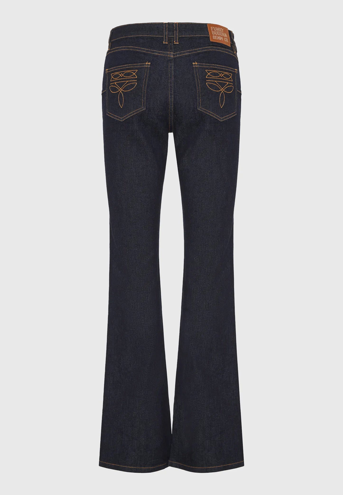 FUNKY BUDDHA Τζιν Παντελόνι Καμπάνα Σκούρο Denim Ψηλόμεσο πίσω όψη
