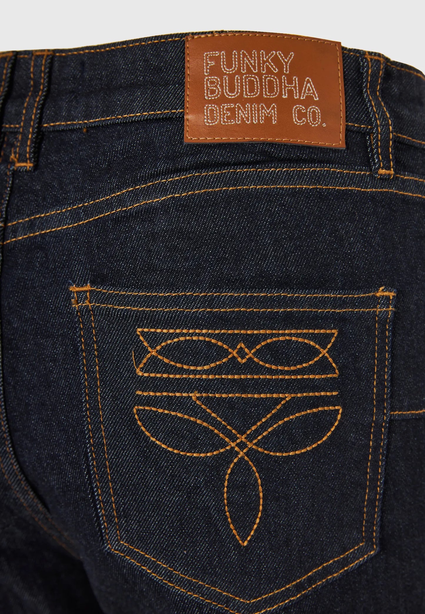 FUNKY BUDDHA Τζιν Παντελόνι Καμπάνα Σκούρο Denim Ψηλόμεσο πίσω τσέπη λεπτομέρεια κεντήματος