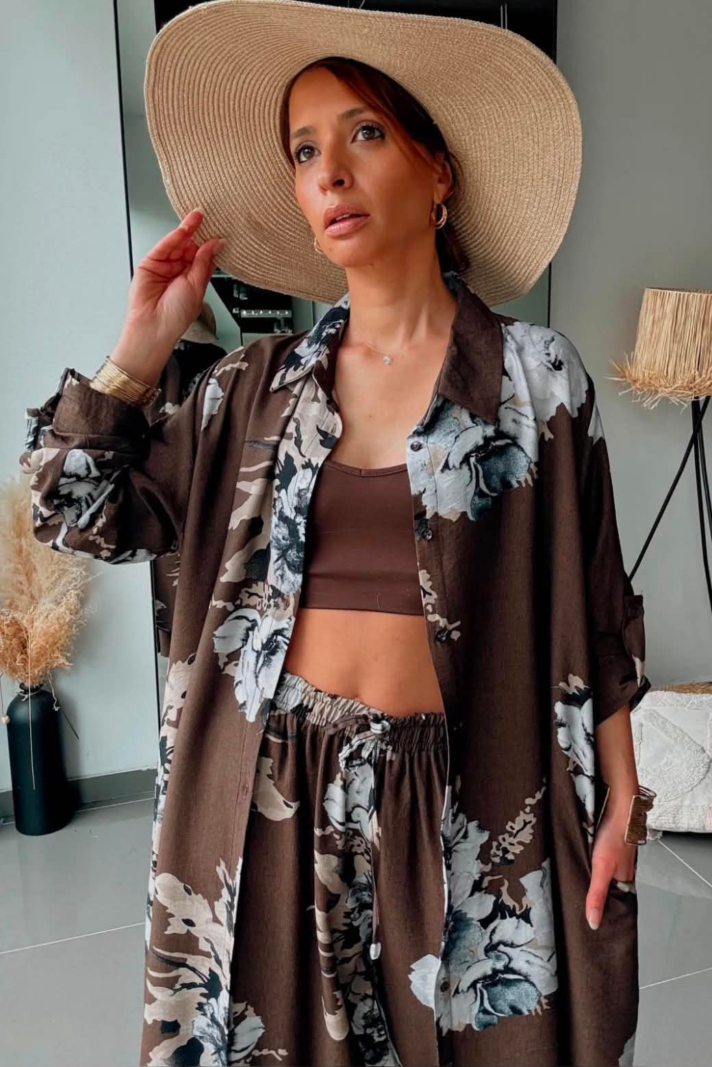 Σετ Floral Print Μακριά Πουκαμίσα & Παντελόνι