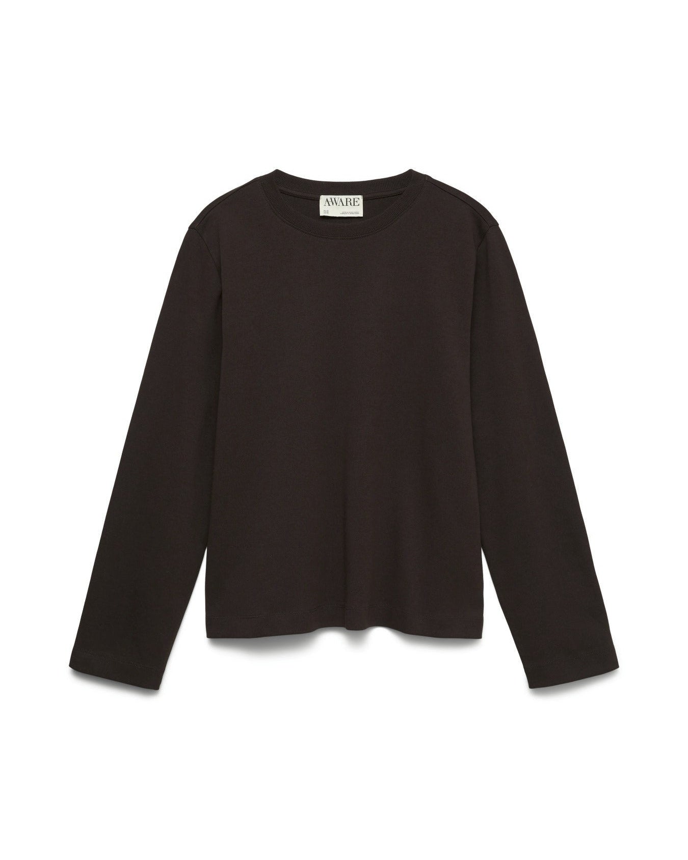 Basic μακρυμάνικο t-shirt AWARE by Vero Moda σκούρο καφέ 100% οργανικό βαμβάκι, flat lay
