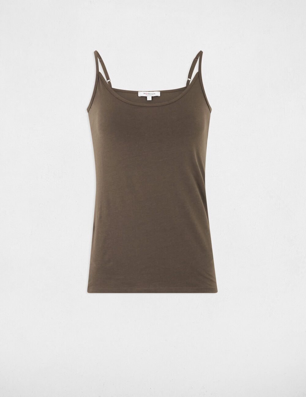 MORGAN γυναικείο basic top με τιράντες σε χακί απόχρωση σε επίπεδη λήψη, διαχρονικό κομμάτι για πολλαπλούς συνδυασμούς