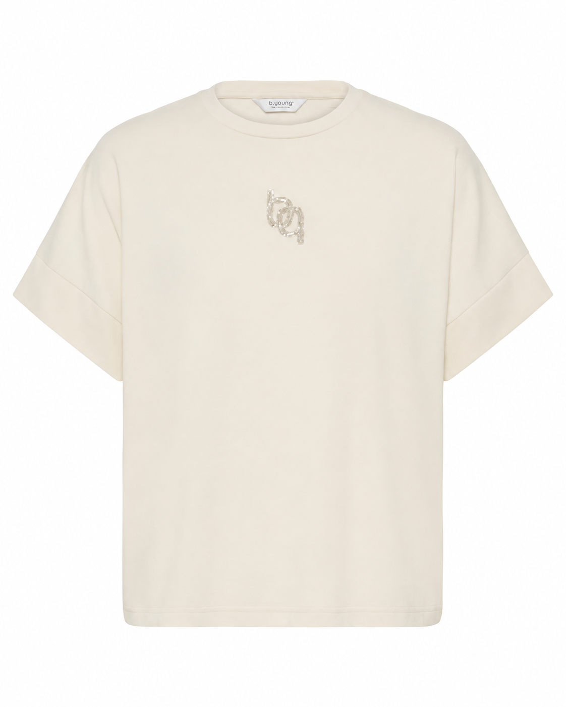 B.YOUNG γυναικείο εκρού T-shirt boxy fit glitter λογότυπο στήθος — μπροστά