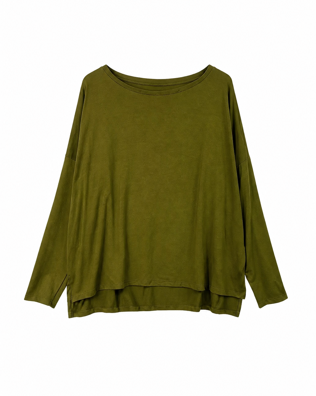 Γυναικεία λαδί μπλούζα βισκόζη με ριχτή γραμμή, στρογγυλή λαιμόκοψη, μακριά μανίκια και πλαϊνά ανοίγματα στο τελείωμα, flat lay μπροστά