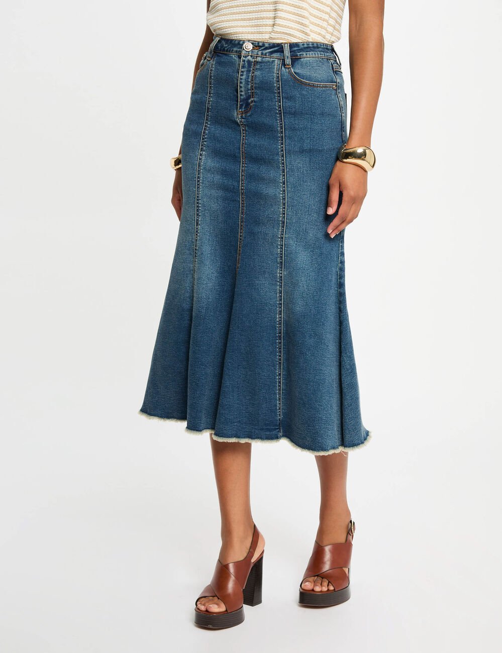Μπροστινή όψη εφαρμοστής midi denim φούστας Morgan