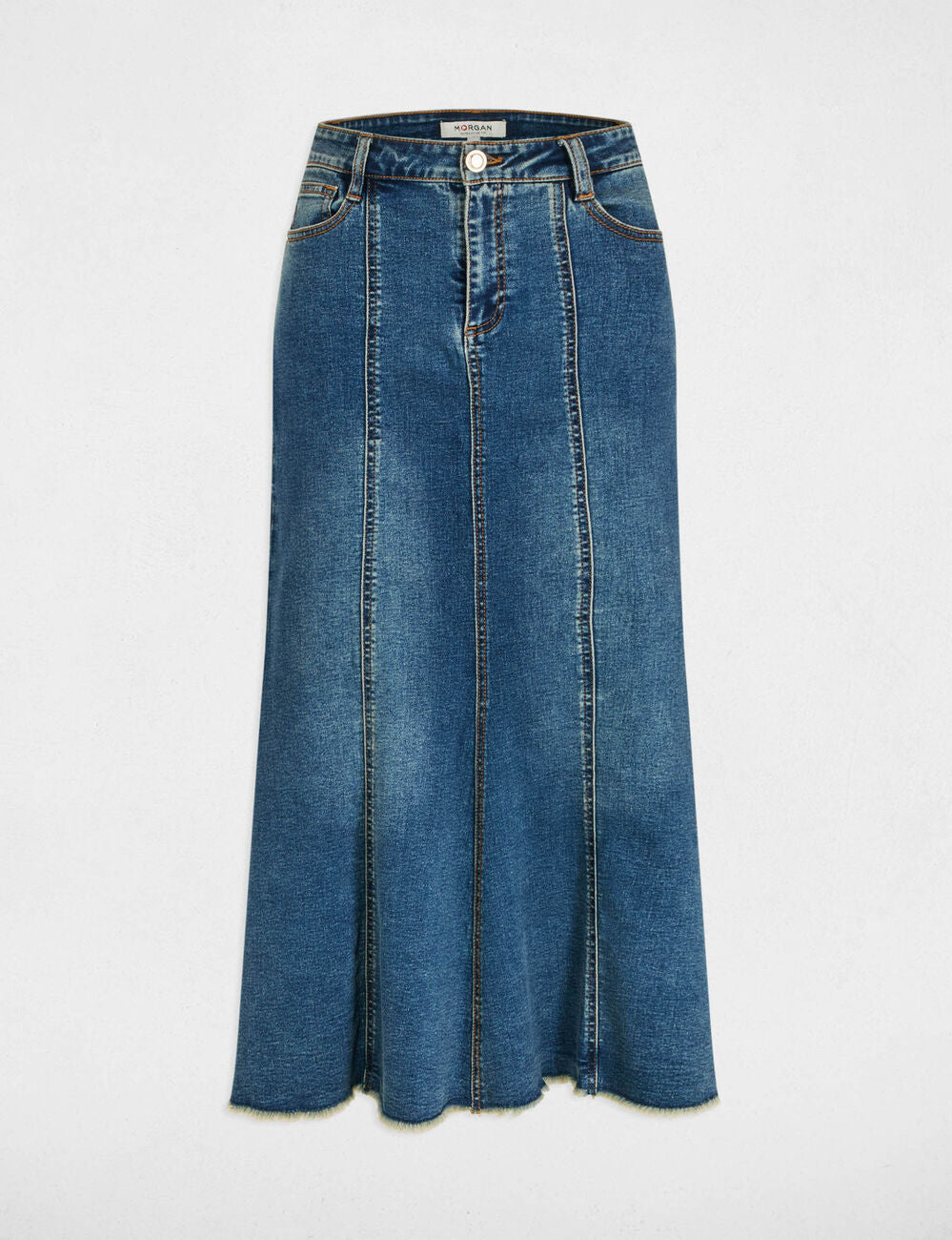Morgan γυναικεία midi denim φούστα με ψηλή μέση και εφαρμοστή γραμμή