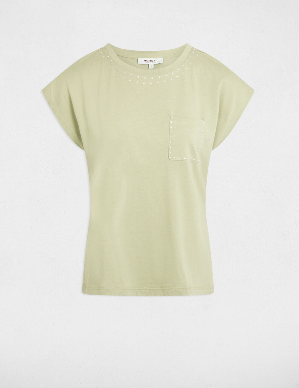 MORGAN γυναικείο t-shirt με κοντά μανίκια σε επίπεδη λήψη, διακρίνονται η επιραφή τσέπη και οι λεπτομέρειες με τρουκς