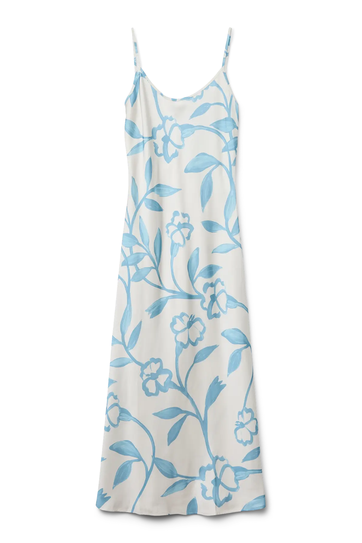 VERO MODA floral φόρεμα με ανοιχτή πλάτη σε επίπεδη λήψη, αναδεικνύει το κρεμ φόντο με γαλάζιες πινελιές