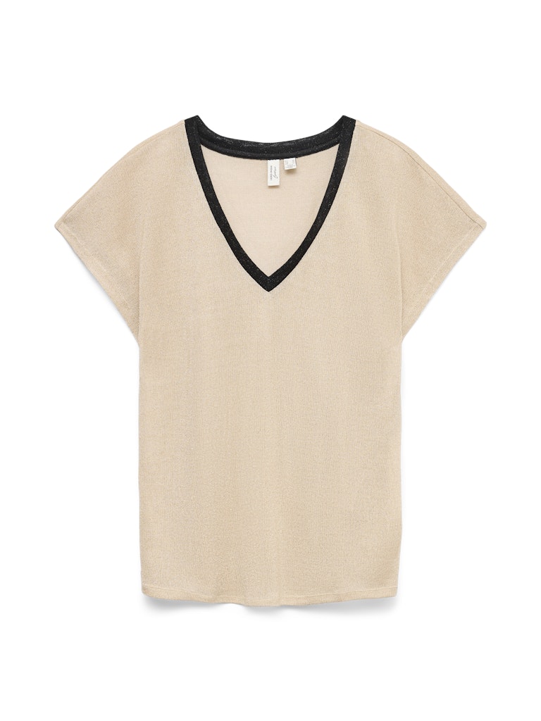 Vero Moda γυναικείο basic V-neck top μπεζ με μαύρη λεπτομέρεια και μεταλλική όψη