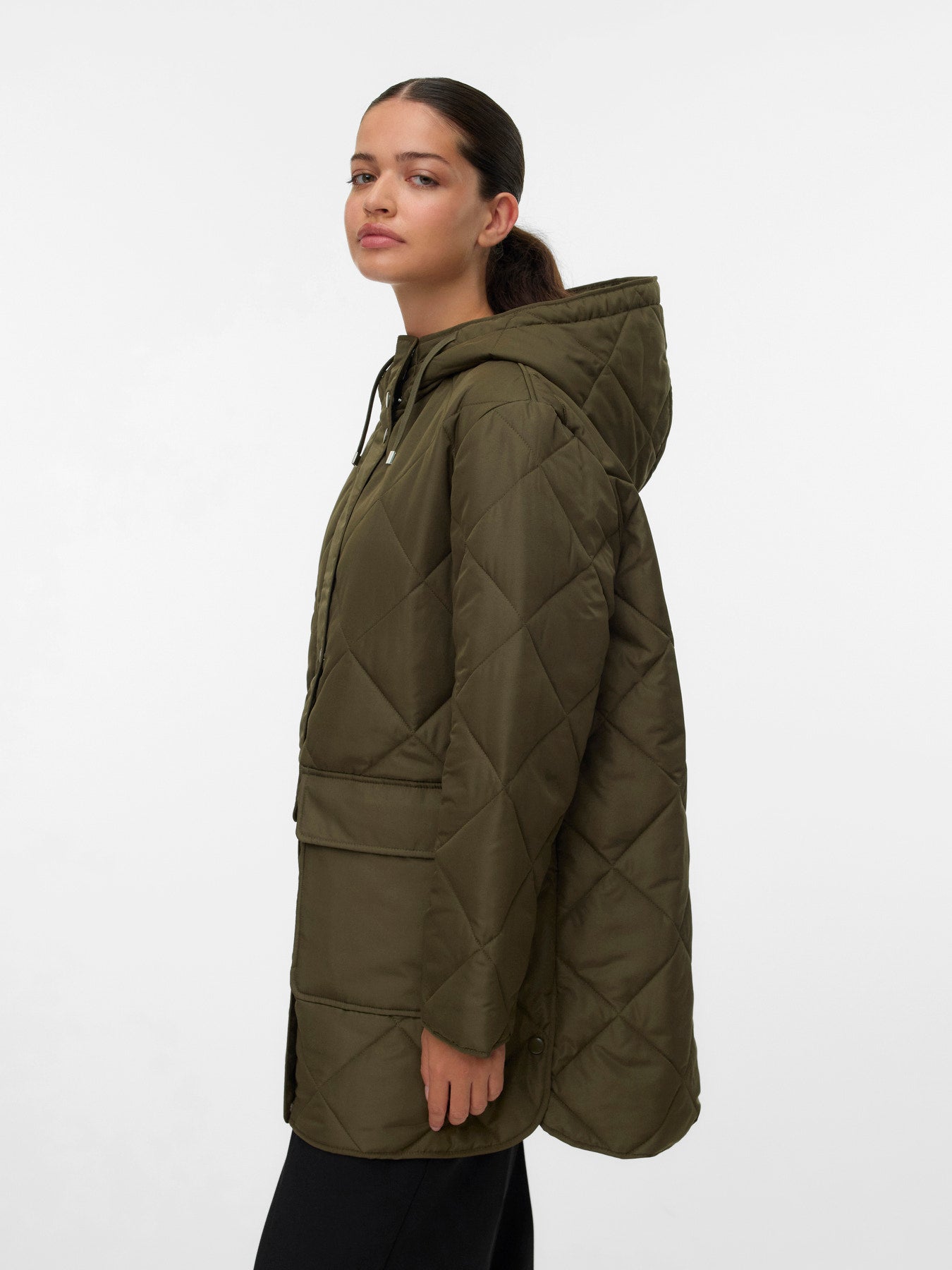 VERO MODA Γυναικείο Μακρύ Καπιτονέ Μπουφάν Χακί - μπροστινή όψη με τσέπες