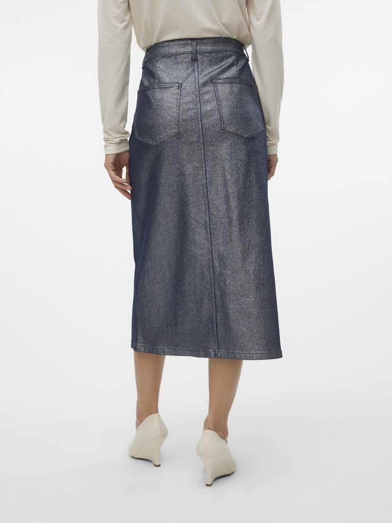 Γυναικεία ψηλόμεση jean φούστα VERO MODA με glitter, πίσω όψη που δείχνει τις πίσω τσέπες και την εφαρμογή