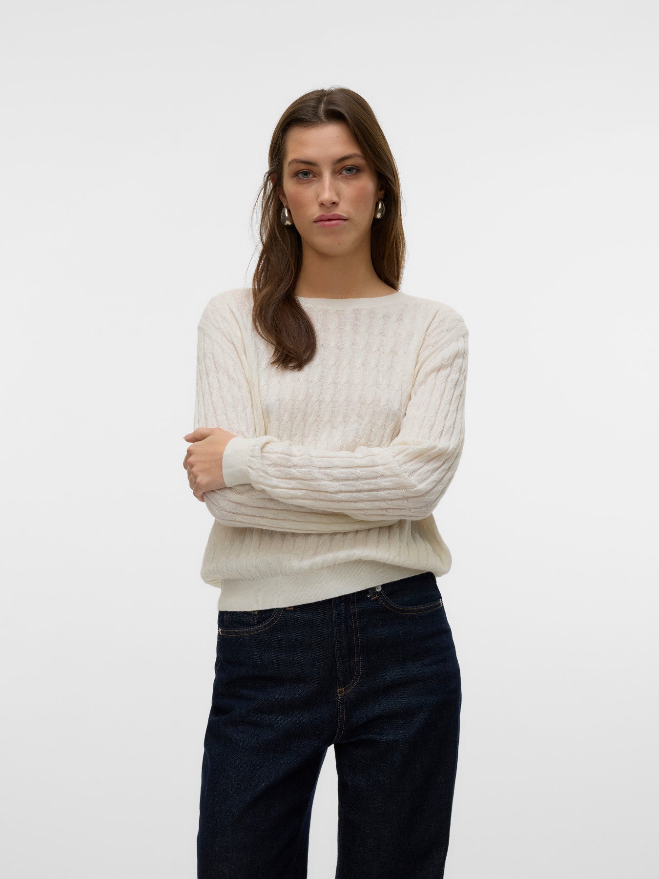 VERO MODA Γυναικείο Πλεκτό Πουλόβερ Ανάγλυφη Πλέξη Μπεζ μπροστινή όψη