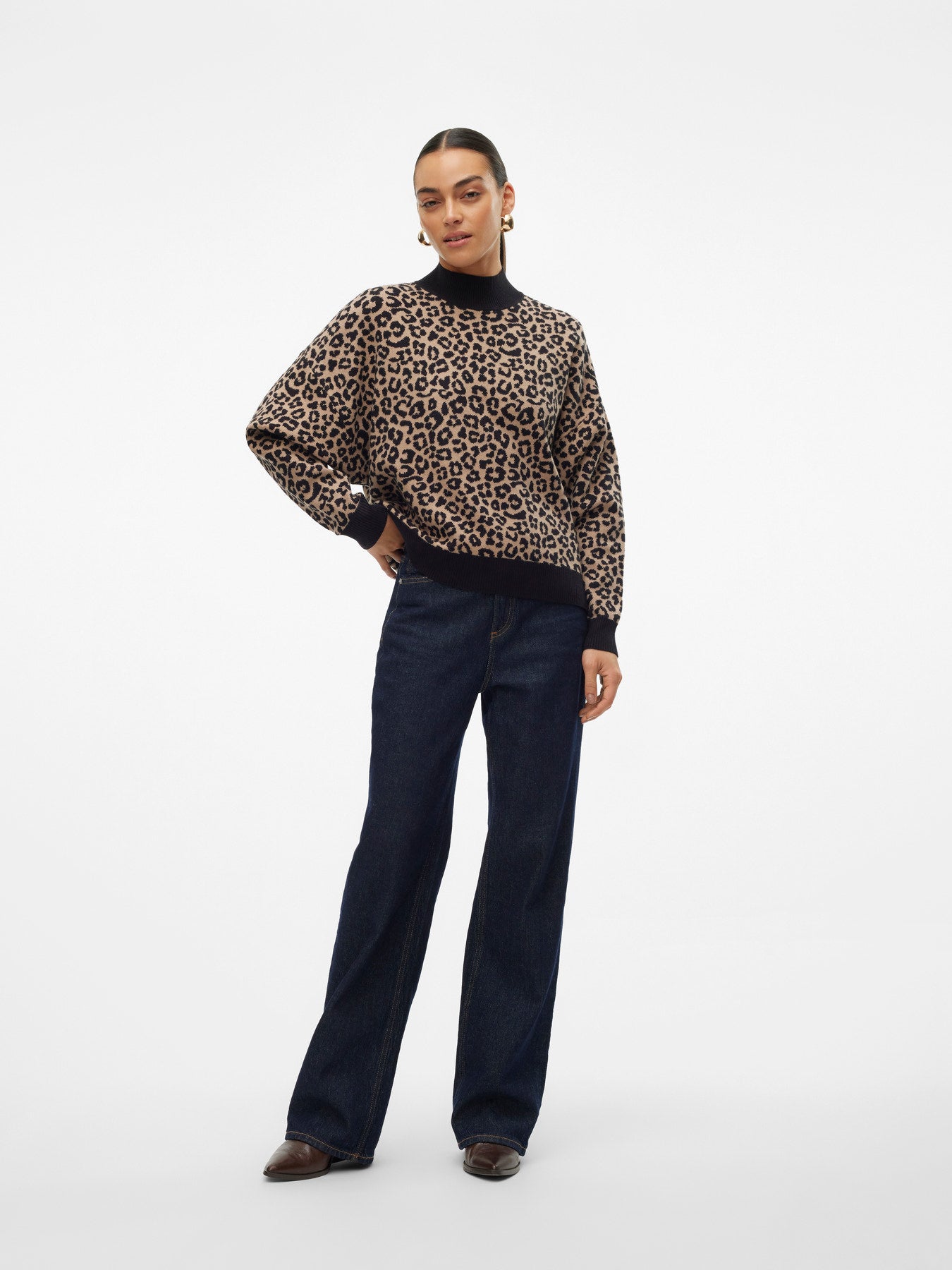 VERO MODA Πλεκτό Πουλόβερ Leopard Print Ψηλός Γιακάς ολόσωμη εμφάνιση