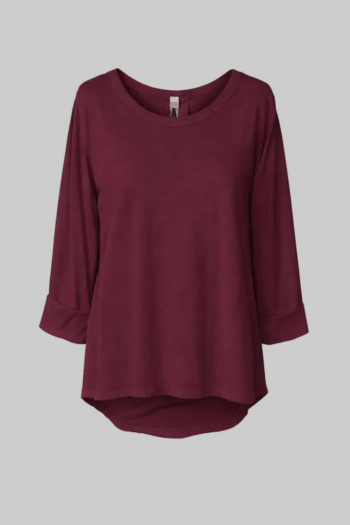 Wendy Trendy Γυναικεία ασύμμετρη μπλούζα από βαμβακερό ύφασμα σε μπορντό χρώμα με κουφόπιετα στη μέση της πλάτης