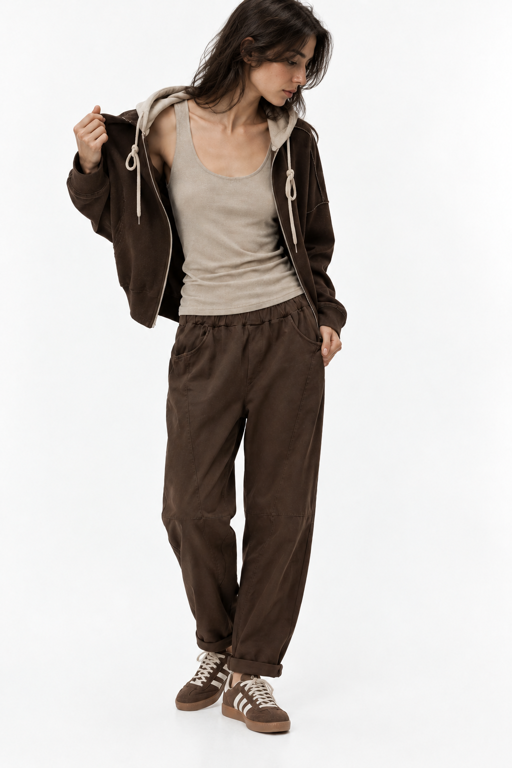 γυναικεία FUNKY BUDDHA μαύρο κοτλέ παντελόνι jogger wide leg με matching ribbed φούτερ casual σύνολο
