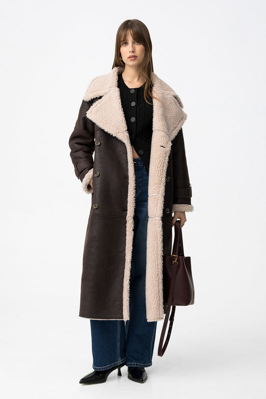 Μακρύ Παλτό Δερματίνη Καφέ Επένδυση