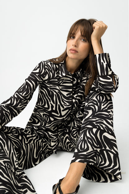 Ψηλόμεσο Satin Wide-Leg Παντελόνι με Ασπρόμαυρο Print