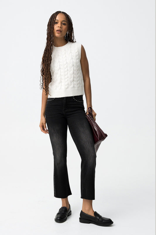 TIFFOSI Γυναικείο Τζιν Cropped Flare με Τρουκς Μαύρο ολόσωμη εμφάνιση μπροστινή όψη