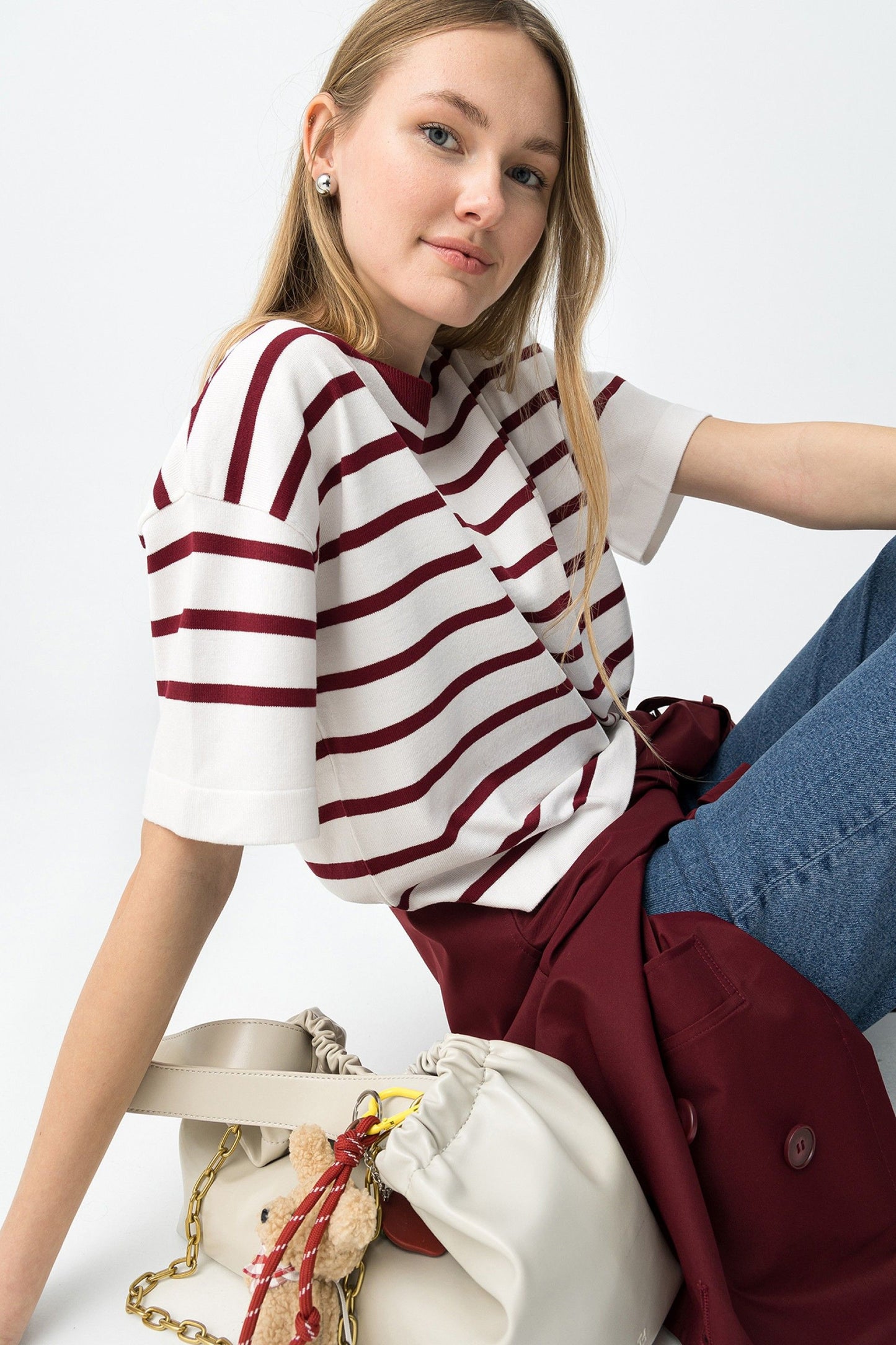Πλεκτή Μπλούζα με Μπορντό Ρίγες