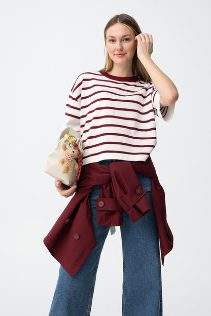 Πλεκτή Μπλούζα με Μπορντό Ρίγες