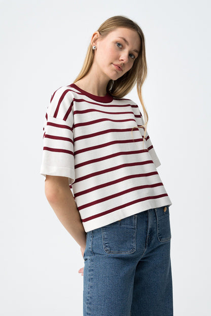 Πλεκτή Μπλούζα με Μπορντό Ρίγες