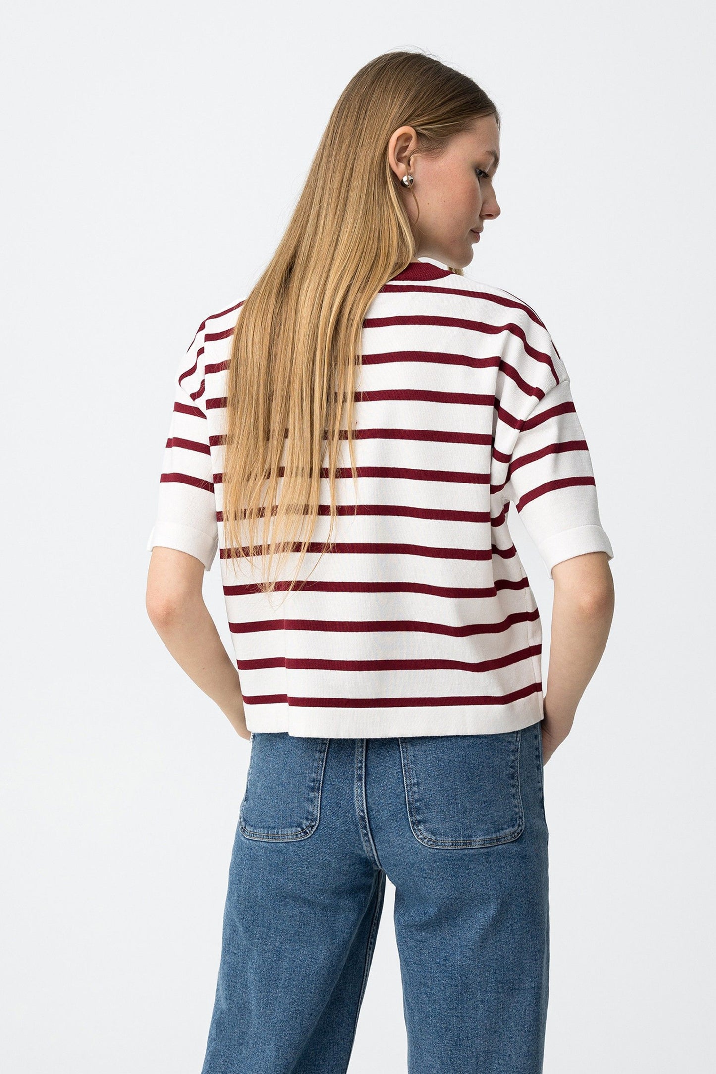 Πλεκτή Μπλούζα με Μπορντό Ρίγες
