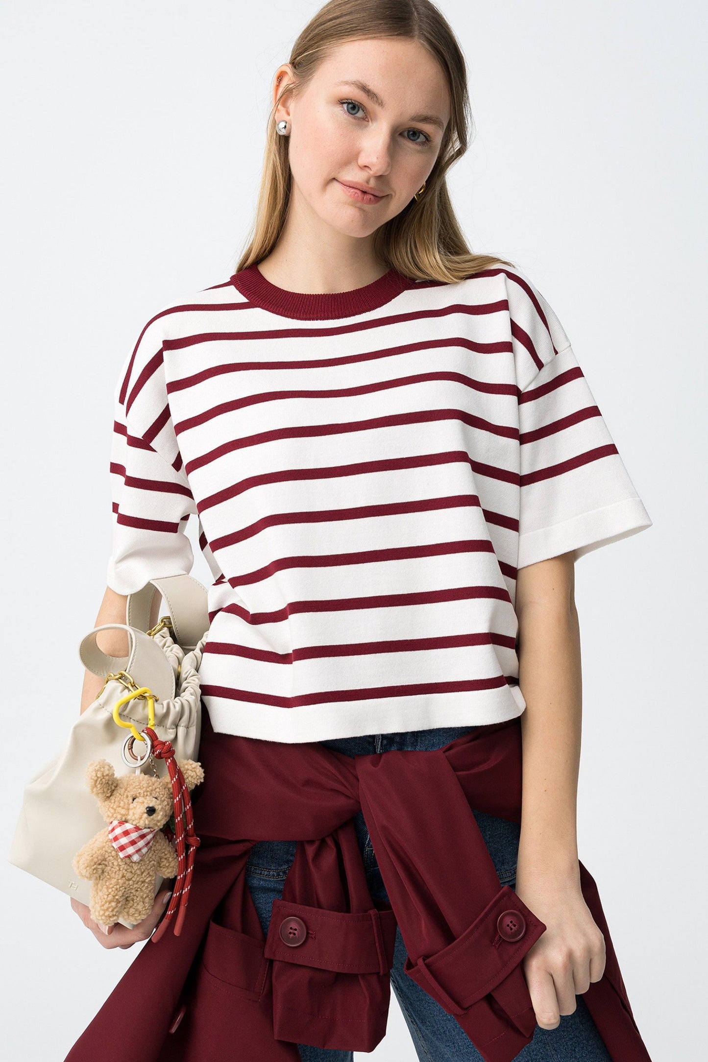 Πλεκτή Μπλούζα με Μπορντό Ρίγες