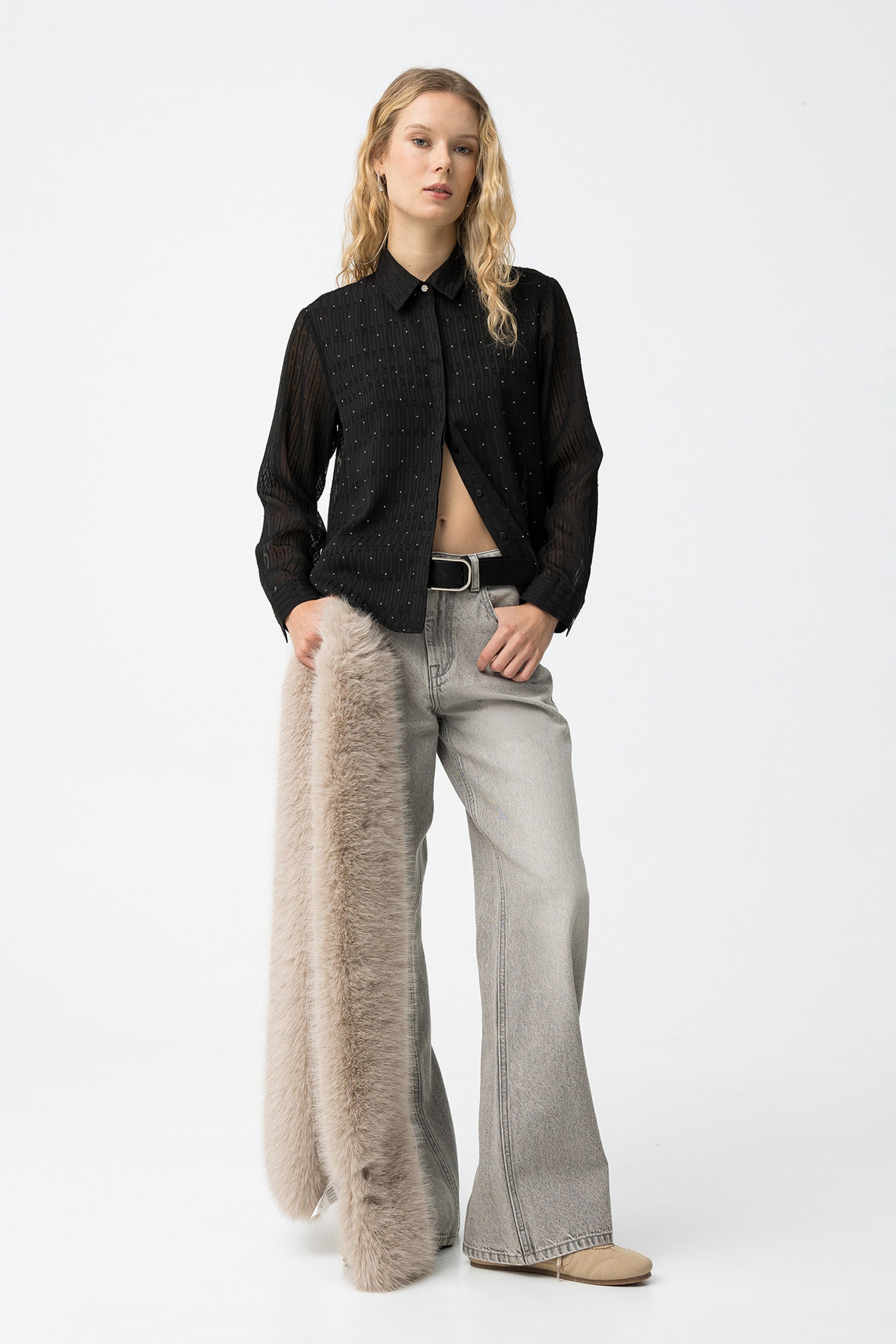 Tiffosi Πουκάμισο με Διαφάνεια και Στρας Μακρυμάνικο Μαύρο ολόσωμη εμφάνιση