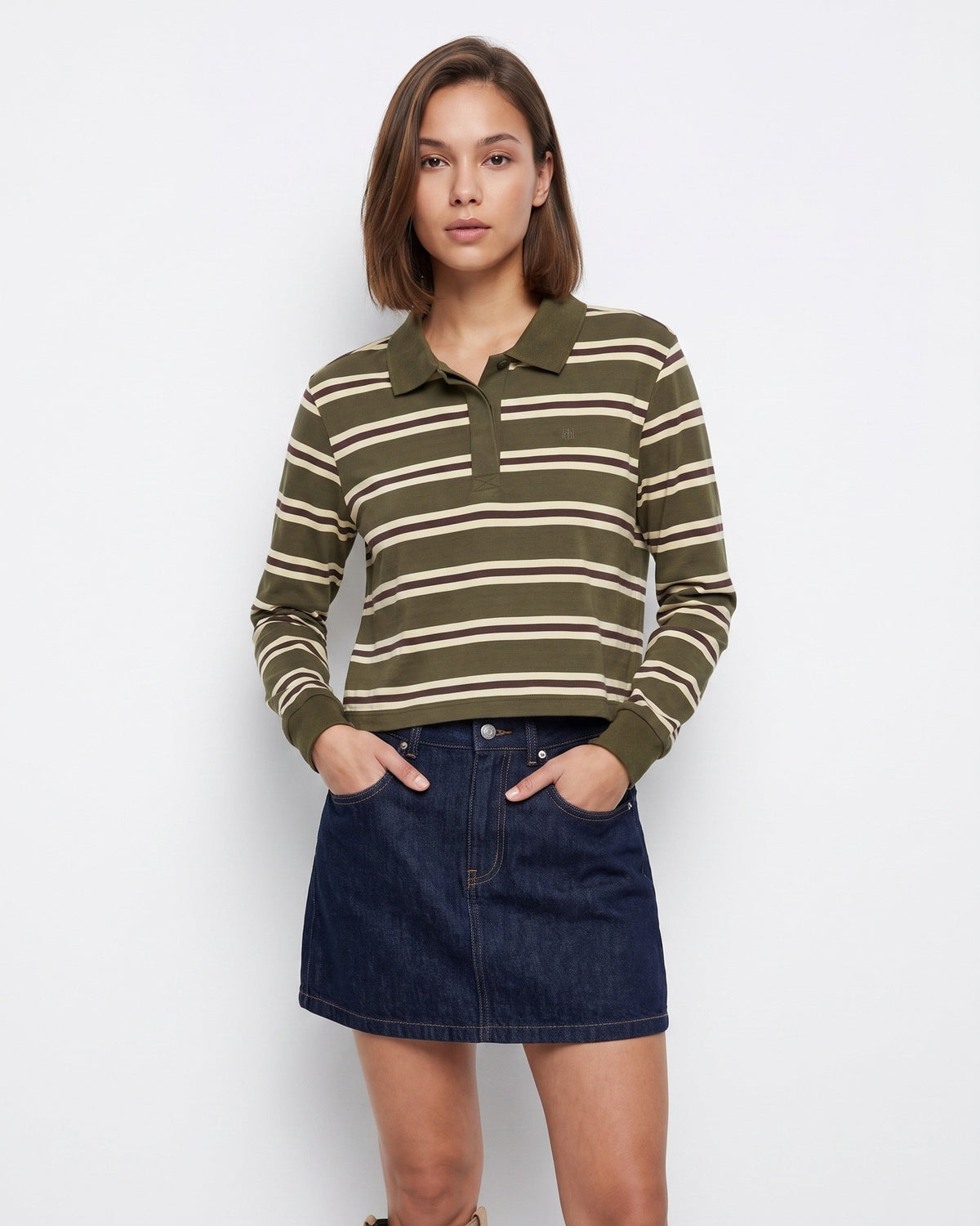 γυναικεία TIFFOSI χακί ριγέ μπλούζα polo cropped μπεζ ρίγες polo γιακάς μπροστινή όψη
