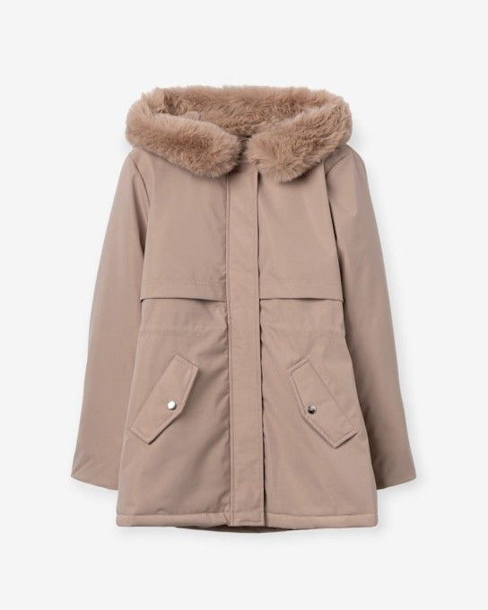 γυναικείο TIFFOSI μπεζ jacket γούνινη κουκούλα τσέπες loose fit flat όψη
