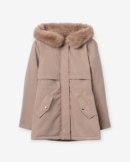 γυναικείο TIFFOSI μπεζ jacket γούνινη κουκούλα τσέπες loose fit flat όψη
