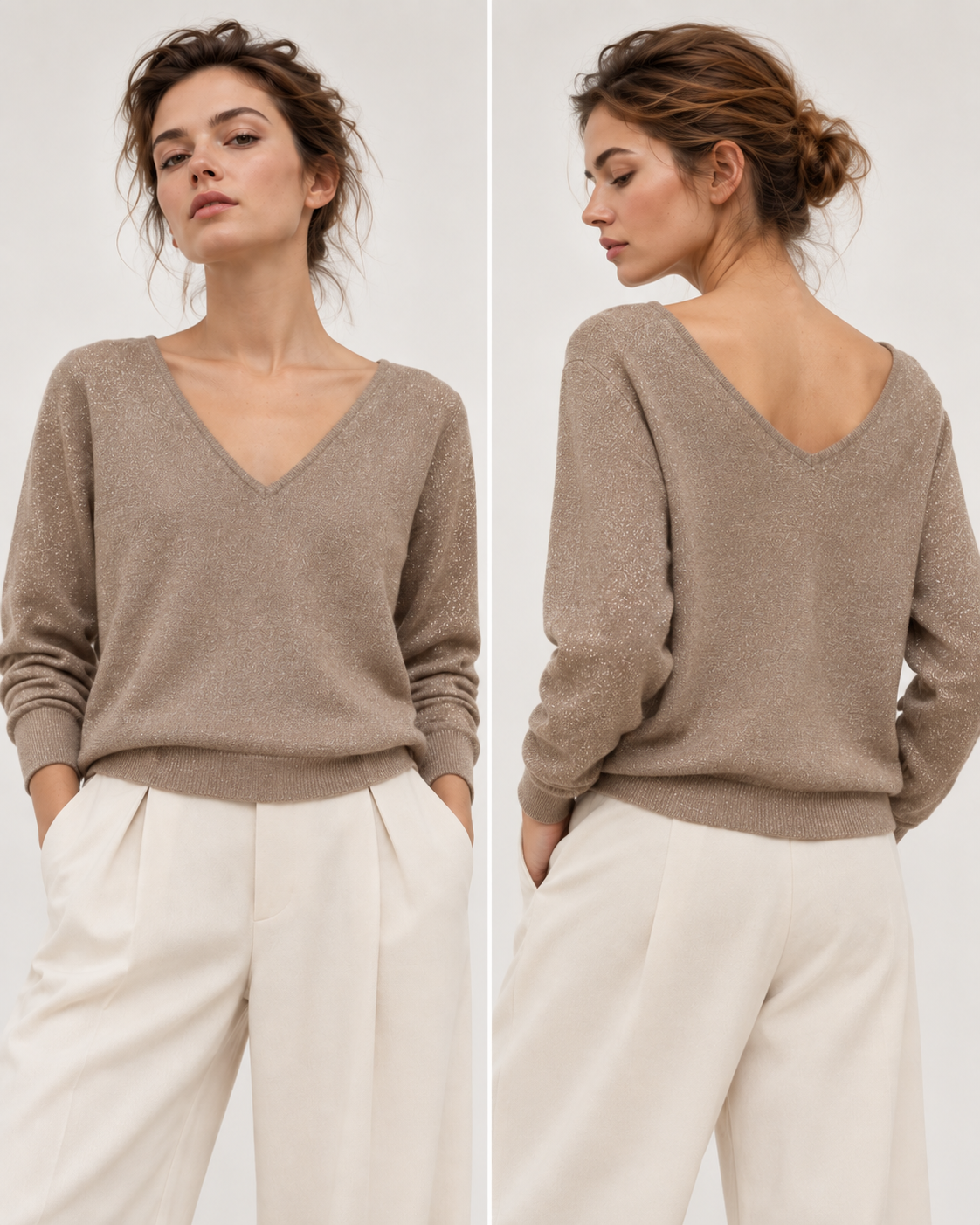 γυναικεία VERO MODA μπεζ πλεκτή μπλούζα V-neck 2 τρόποι φορεσιάς μπροστά και πίσω
