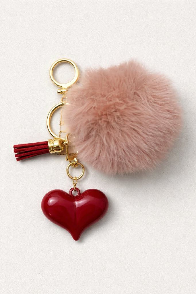 Bag Charm / Μπρελόκ Pompom Ροζ με Μπορντώ Καρδιά & Φουντάκι