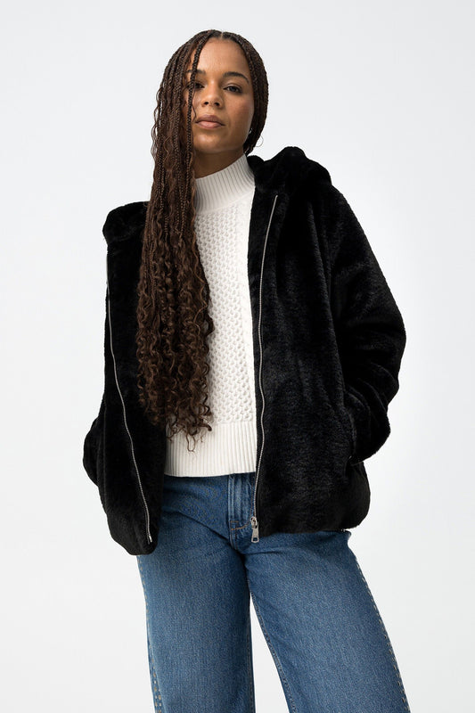 Μπουφάν Μαύρο από Συνθετική Γούνα