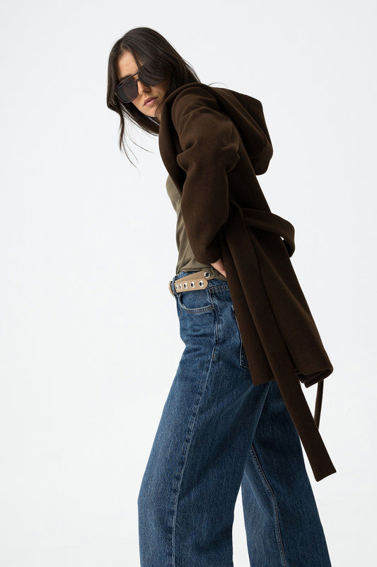 Ημίπαλτο Καφέ Ζώνη Κουκούλα