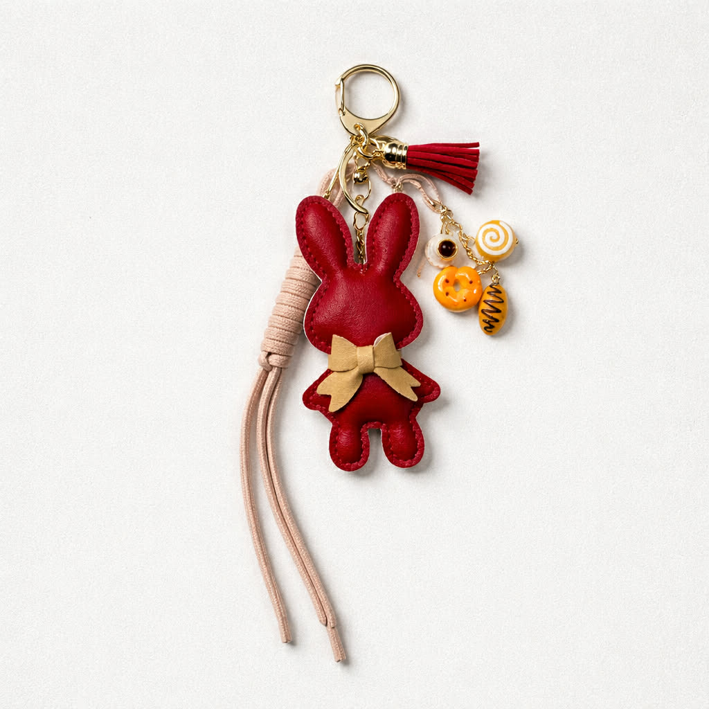 Bag Charm / Μπρελόκ Λαγουδάκι Κόκκινο με Breakfast Charms & Κορδόνι