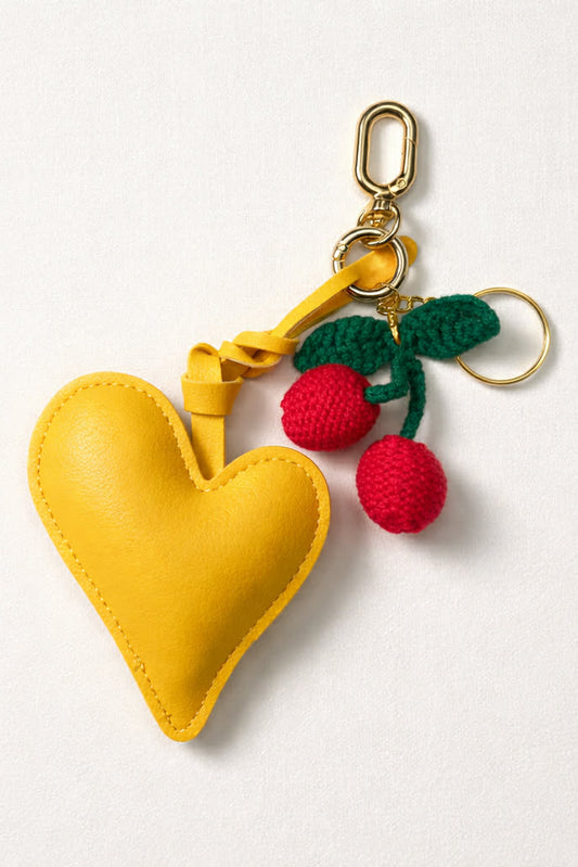 Bag Charm / Μπρελόκ Καρδιά Κίτρινη με Κερασάκια