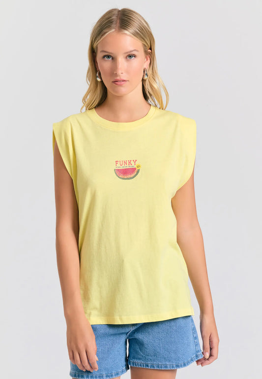 FUNKY BUDDHA κίτρινο t-shirt με τύπωμα καρπούζι - φωτεινό summer μπλουζάκι