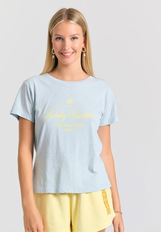 FUNKY BUDDHA γαλάζιο t-shirt με vintage branded τύπωμα - retro style μπλουζάκι