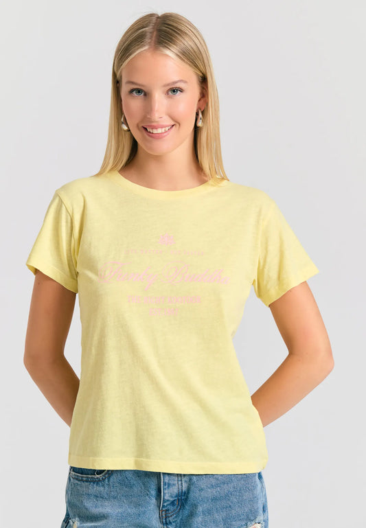 FUNKY BUDDHA κίτρινο basic t-shirt με vintage branded τύπωμα - φωτεινό retro μπλουζάκι