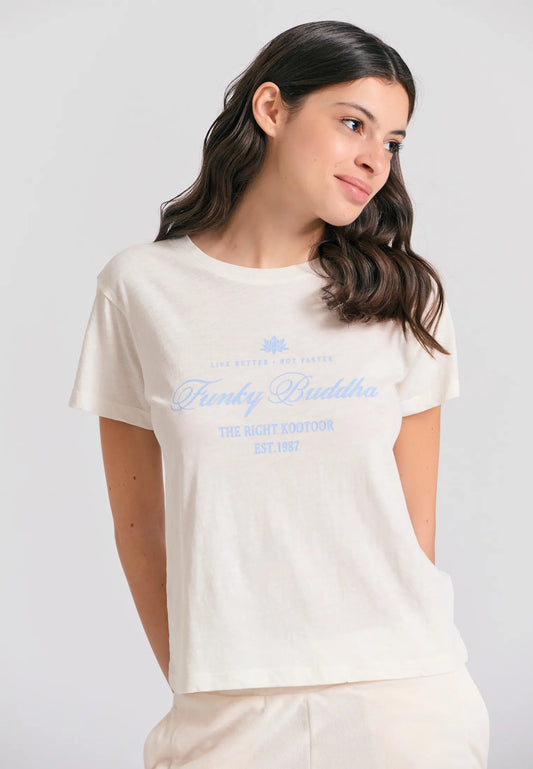 FUNKY BUDDHA off white basic t-shirt με vintage branded τύπωμα - κλασικό retro μπλουζάκι
