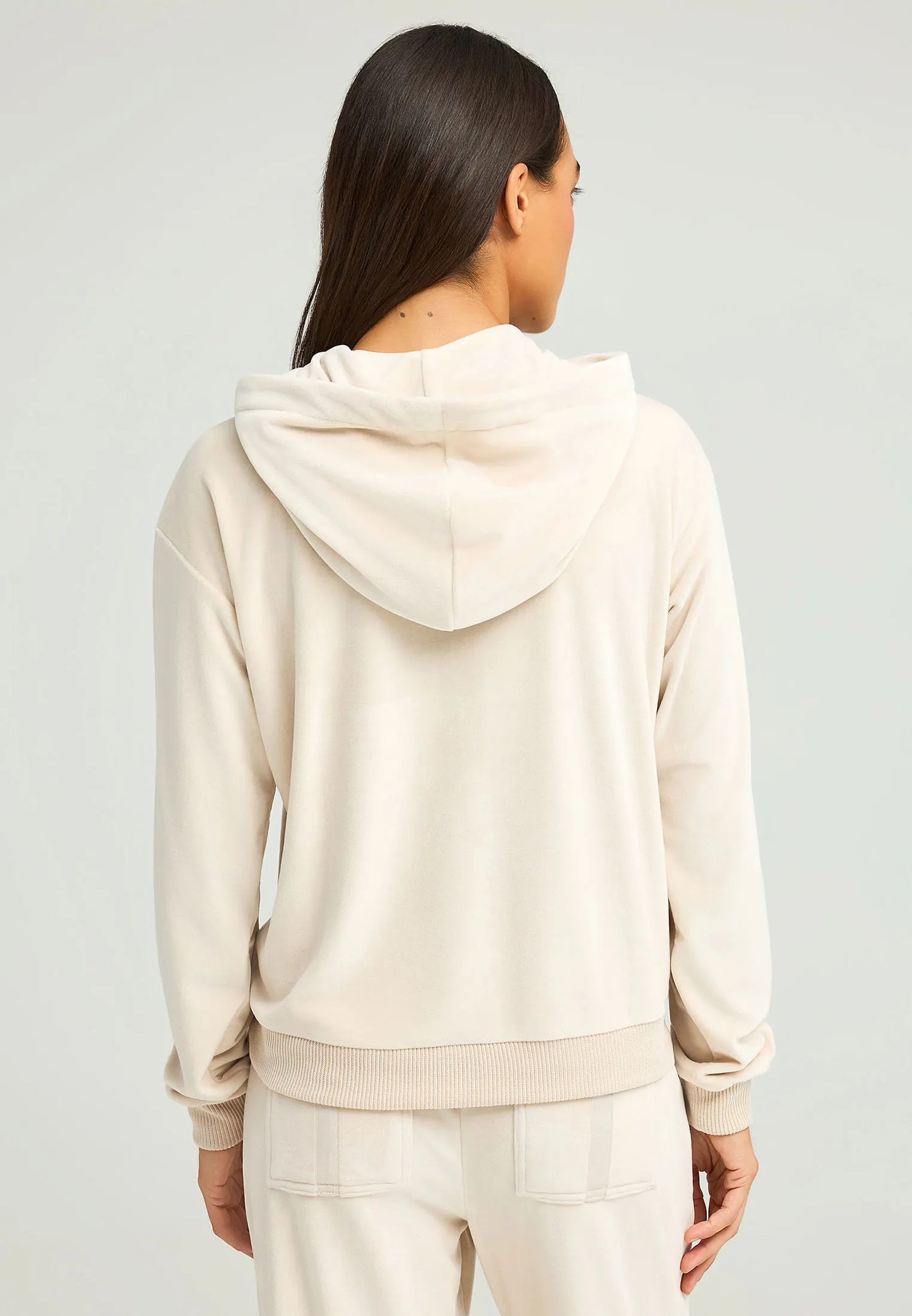 Funky Buddha Γυναικεία Μπεζ Βελουτέ Ζακέτα με Κουκούλα και φερμουάρ πίσω όψη