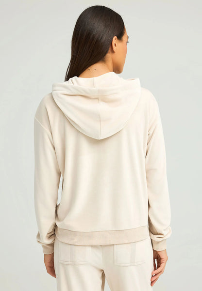 Funky Buddha Γυναικεία Μπεζ Βελουτέ Ζακέτα με Κουκούλα και φερμουάρ πίσω όψη