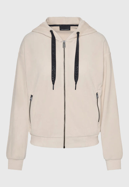 Funky Buddha Γυναικεία Μπεζ Βελουτέ Ζακέτα με Κουκούλα και φερμουάρ επίπεδη λήψη μπροστινή όψη