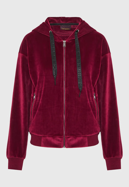 Funky Buddha Γυναικεία Μπορντό Βελουτέ Ζακέτα με Κουκούλα και φερμουάρ επίπεδη λήψη μπροστινή όψη