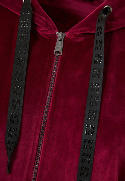 Funky Buddha Γυναικεία Μπορντό Βελουτέ Ζακέτα με Κουκούλα και φερμουάρ επίπεδη λήψη λεπτομέρεια φερμουάρ και κορδόνι κουκούλας