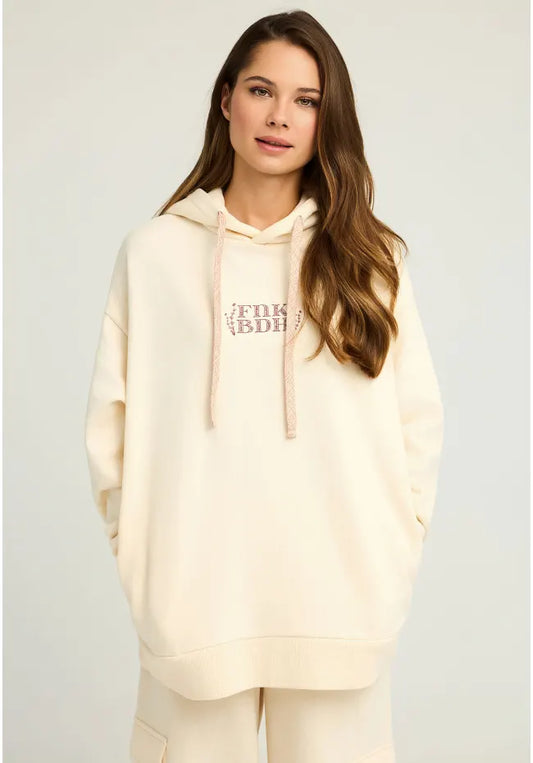 FUNKY BUDDHA Oversized Φούτερ Κουκούλα Τύπωμα με Βότανα στην Πλάτη Εκρού μπροστινή όψη